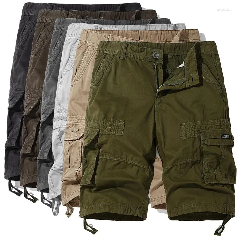 Herr shorts bomullsarbete sommar mode fast färg casual multi-pocket knapp dragkedja strandbyxor 1/2 militärgrön