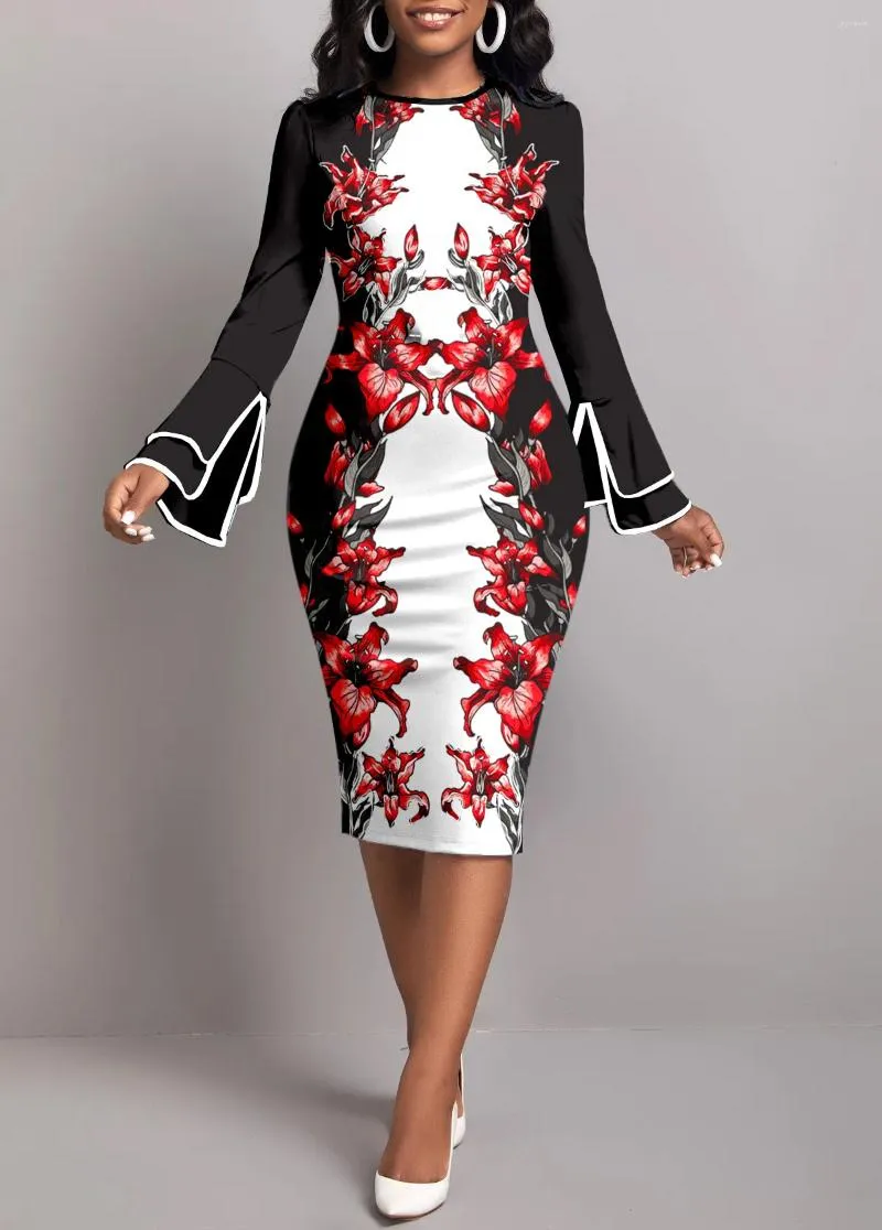 Casual jurken 2024 Luxe designer Kantoor Lady Retro Print Rijpe Volledige flare mouw High Taille Women Long Pencil Dress