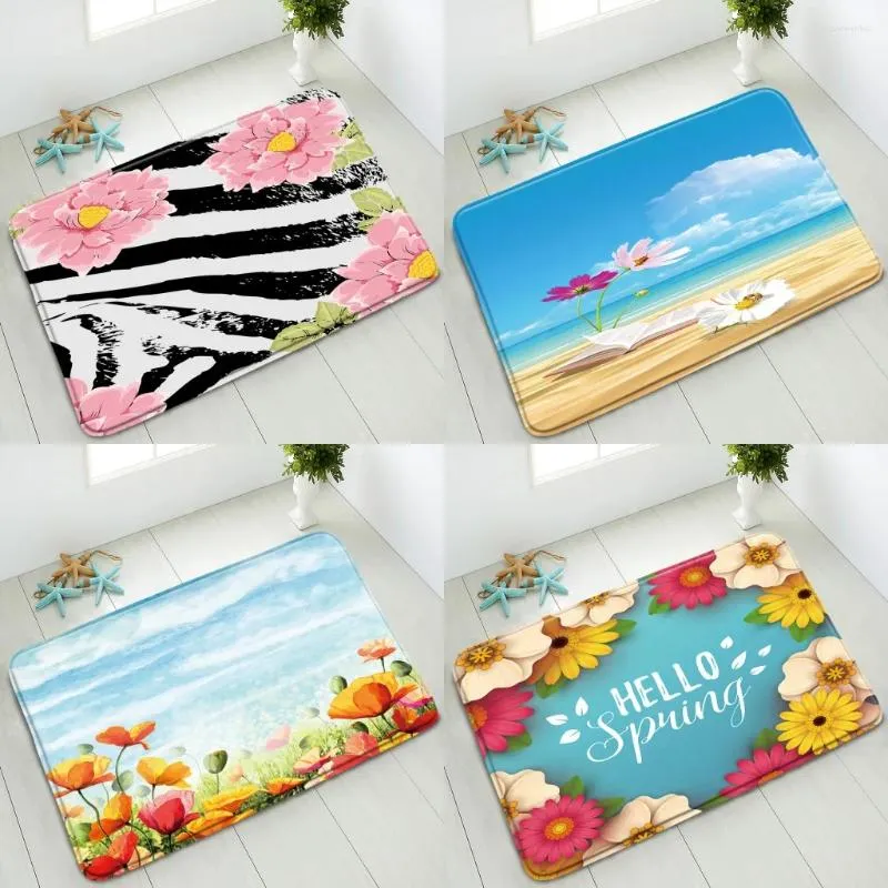 Bath Mats Color Flowers Bathroom Non-Slip Mat Ocean Beach Green Leaves Plants Bedroom Kitchen Indoor Entrance Doormat Absorbent Carpet