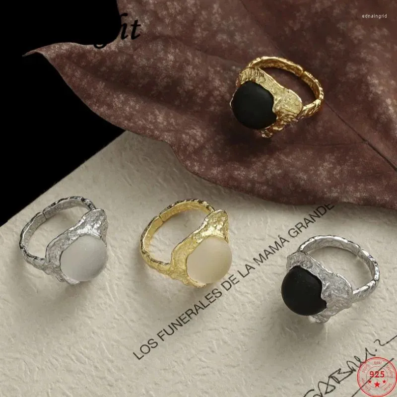 Cluster Rings S925 Sterling Silver For Women Men Fashion Gold Plated Lava Texture Pattern Agate Crystal Punk Jewelry