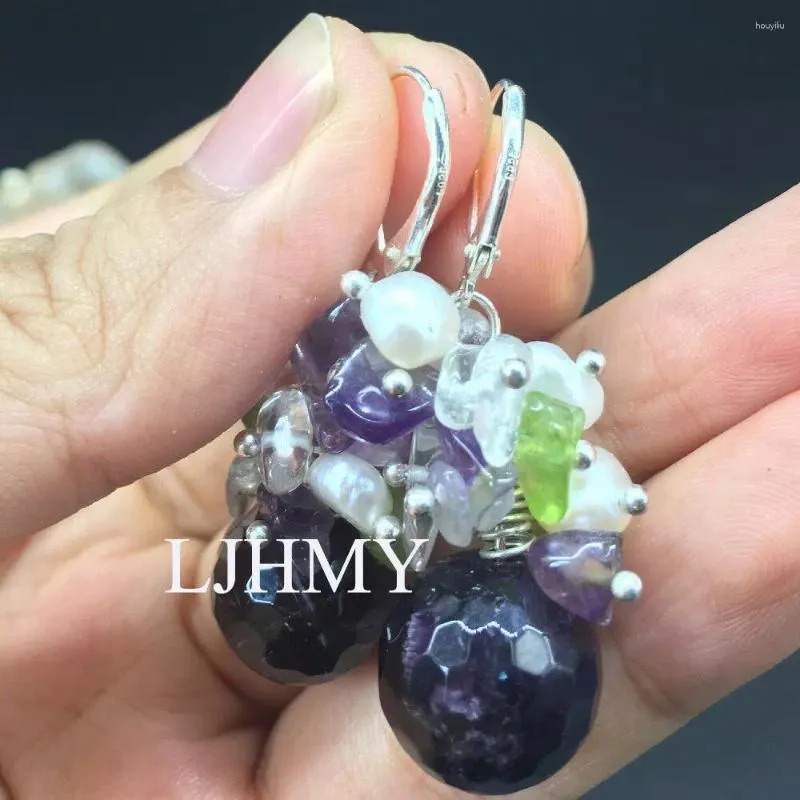 Boucles d'oreilles en peluche ljhmy péridot naturel amethyste Crystal Crystal Perle Perle Boucle d'oreille en argent sterling Bohemian Chandelier