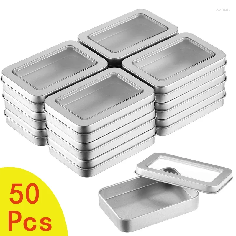 Speicherflaschen 50pcs leere rechteckige Metall Organizer Dosen mit klaren Fensterscharnern Deckel für Süßigkeiten Geschenke Schätze Schätze