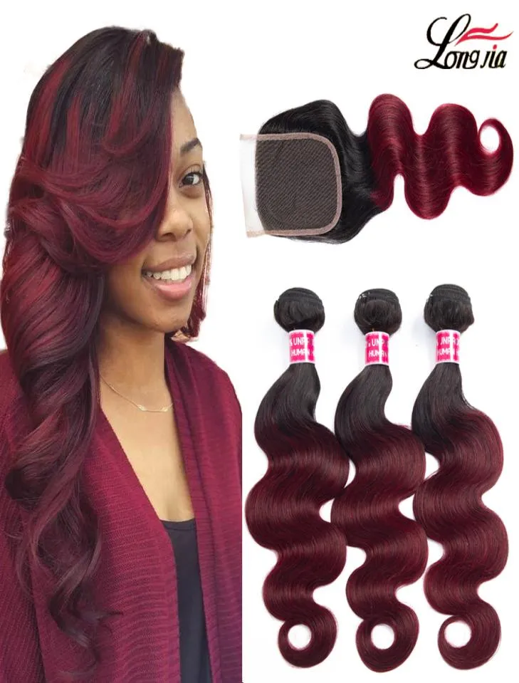 Pacchetti di capelli umani ombre con chiusura 44 1b99j peli di onda del corpo con chiusura 34 bundle ondata brasiliana onda del corpo estensione dei capelli umani4974857