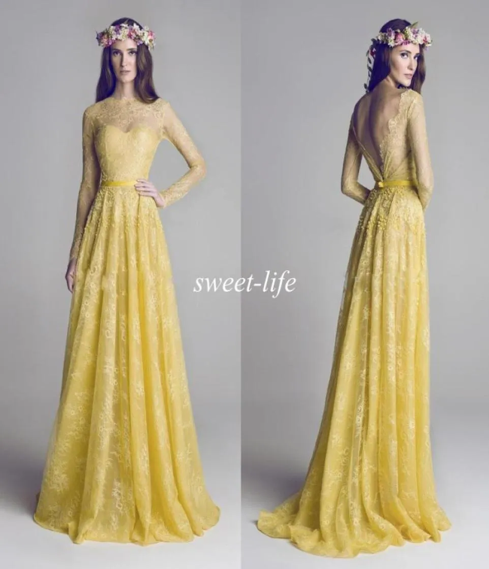 Hamda Al Fahim 2022 Avondjurk met lange mouw pure Bateau Neck Backless Aline Yellow Lace formele jurken Lange bruidsmeisje prom 6168563