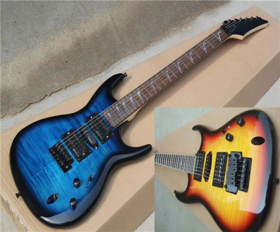 Factory Custom Blue Sunburst Guitar Guitar com Flame Maple Veneer Fixed Bridge Woowwood Frextboard Black Hardware pode ser CustomI3641004