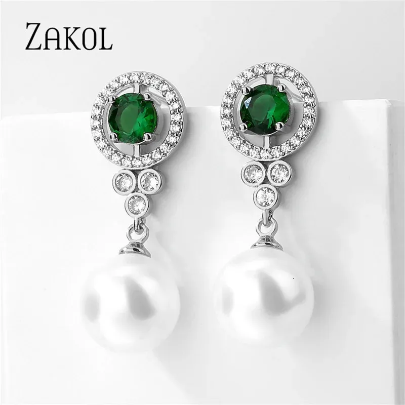 Zakol Luxury Round Imitation Pearl Slever Boucle d'oreille pour les femmes Fashion Cubic Zirconia Engagement Bijoux de mariage EP5528 240410