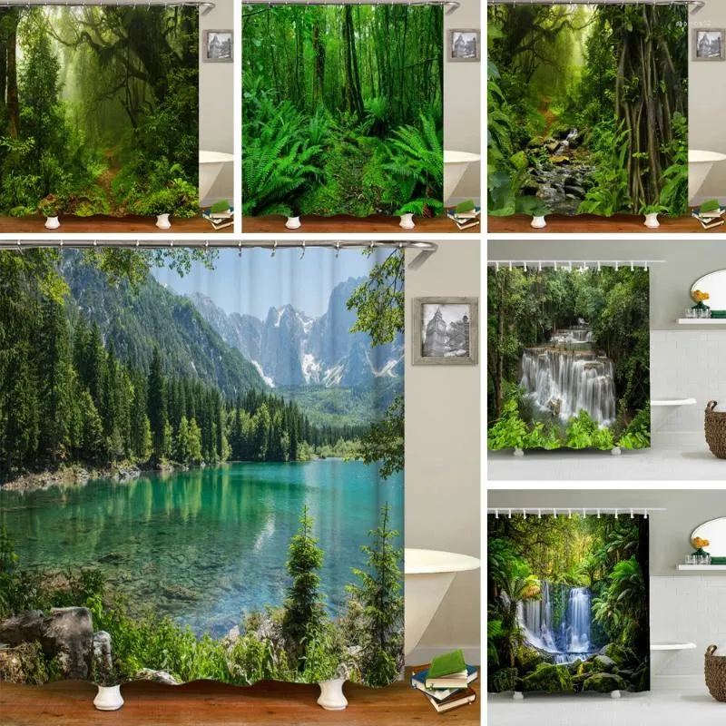 Shower Curtains Nature Scenery Curtain Tropical Jungle Plant Waterproof Bath Forest Waterfall Landscape Bathroom Decor With Hooks