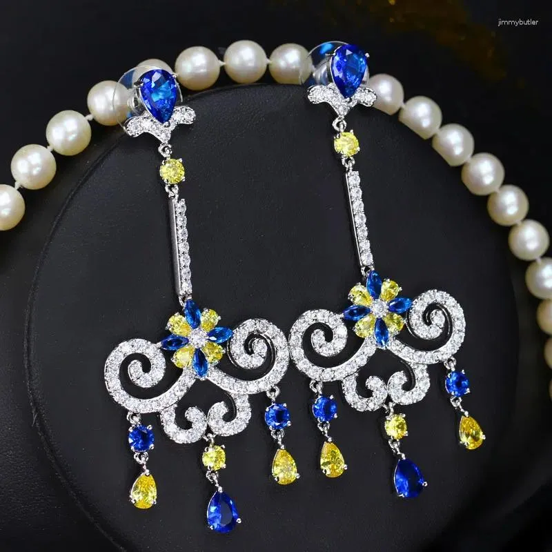 Kolczyki Dangle Threegraces Vintage Tassel Wedding Biżuteria luksus królewski niebieski żółty cr kryształ długi zwisający zaręczyny dla kobiet ER239