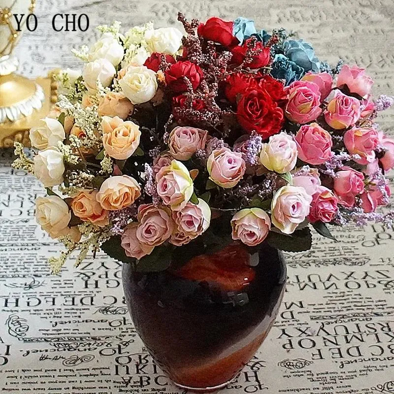 Wedding Flowers Lovegrace Mini Bouquet Artificial Flower 15 Heads Silk Rose Fake Champagne Small Home Party Table Decor