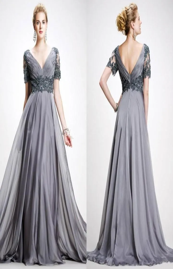 2016 Vintage Trendy Mother Off Bride Dresses Zipper A Line V Neck Appliques Chiffon Vestidos Dresses Evening Wear Gray mother of t6306974