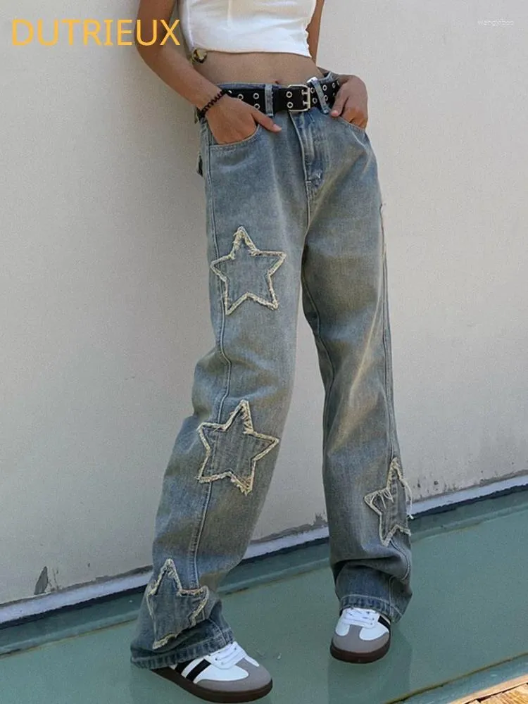 Jeans pour femmes Dutrieux Streetwear bleu pentagram haute taille y2k style coréen hip hop raix denim petit ami pour femmes pantalon