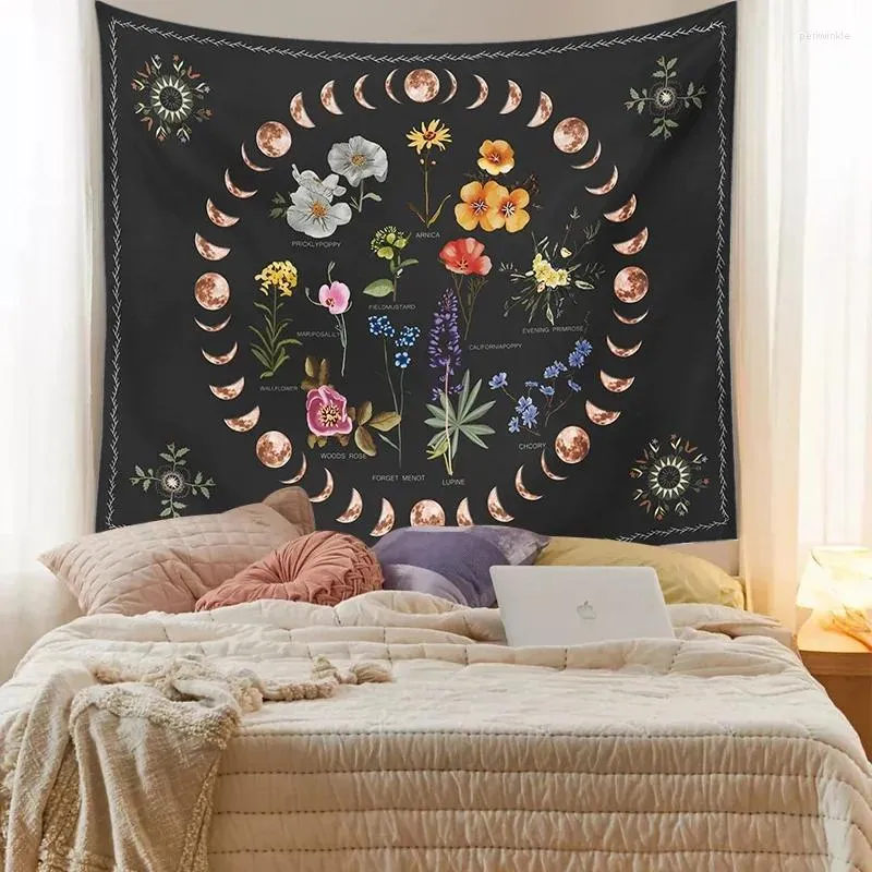 Tapestries Maanfase Tapijtwand hangende botanische hemelse bloemen hippie bloem tapijten slaapzaal decor sterrenhemel skycarpet