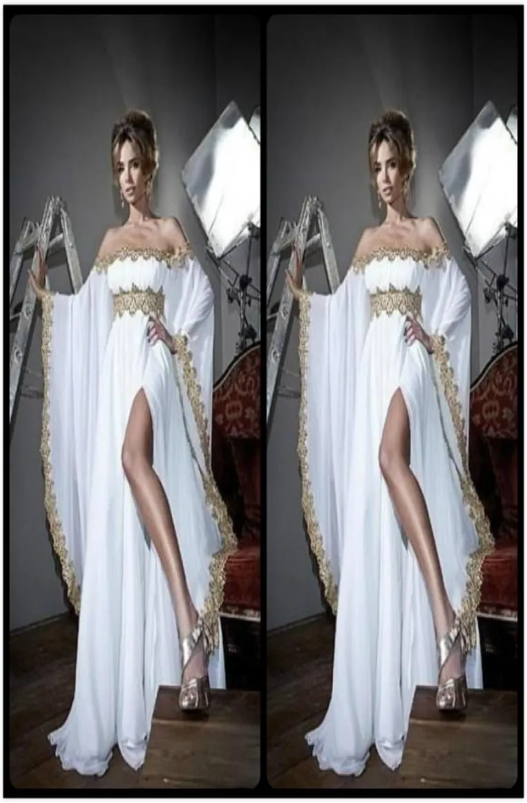 Maniche lunghe in stile arabo in pizzo dorato e appliques bianchi Chiffon Abaya Kaftan Abiti da ballo con abiti da festa a fessura divisa 4092323