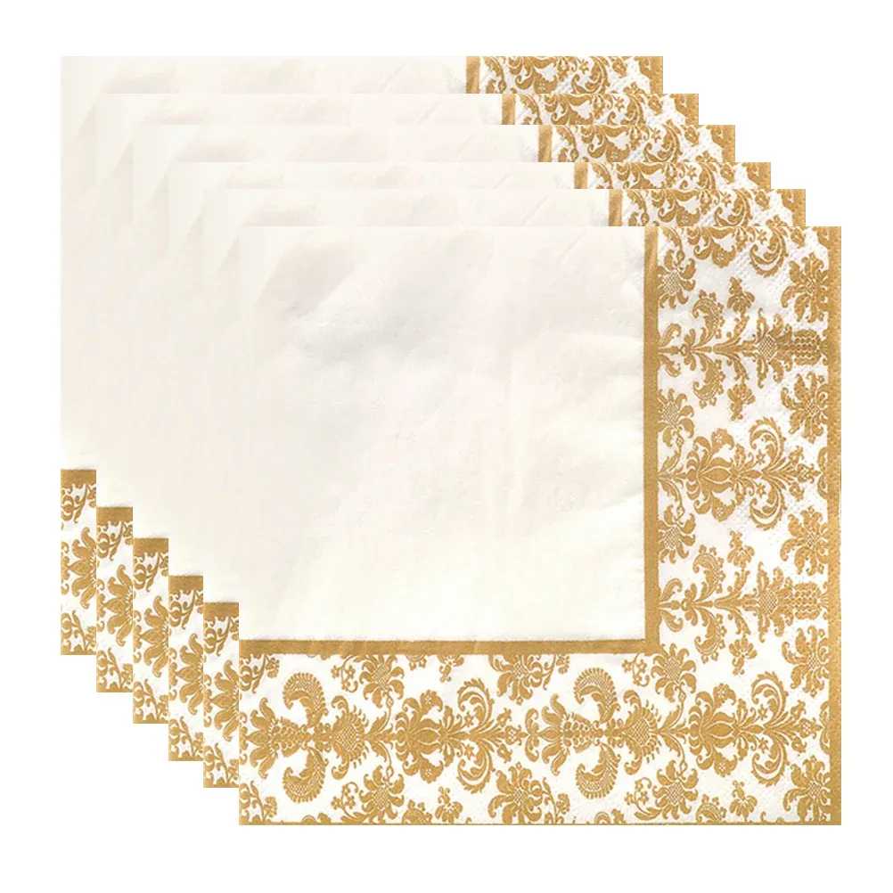 Serviettes 100st Gold Printing Disponible servettvävnadspapper tryckt för restaurang och hotell (Golden + White)