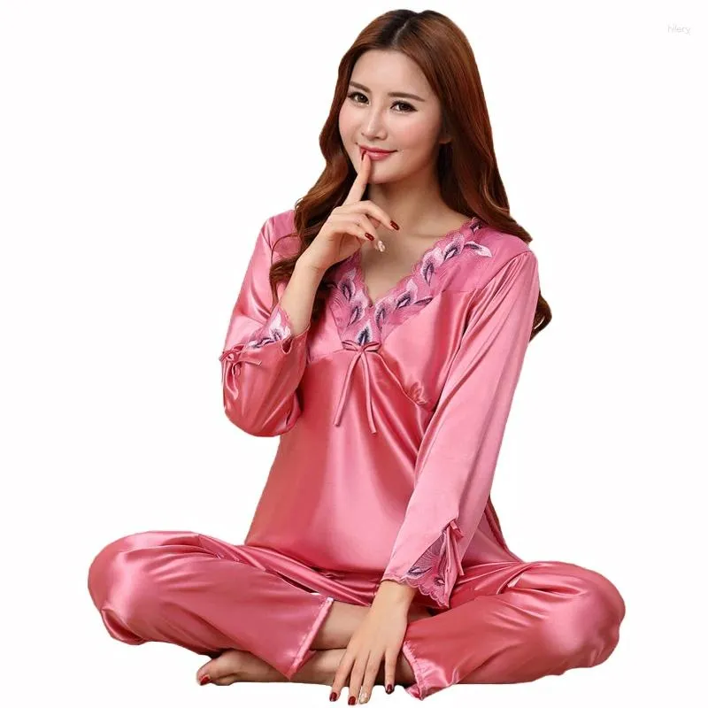 Home Clothing Sexy Ladies 2 Piece Nightwear 2024 Spring Shirt&Pants Wear V-Neck Casual Pajamas Suit Silky Satin Sleepwear Set M-XXL