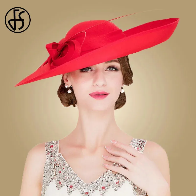 FS Royal Red Ladies Weddings Hats Fascinators Women Black Stora Big Brim Kentucky Church Fedoras Party Dress Sinamay Hat 240412