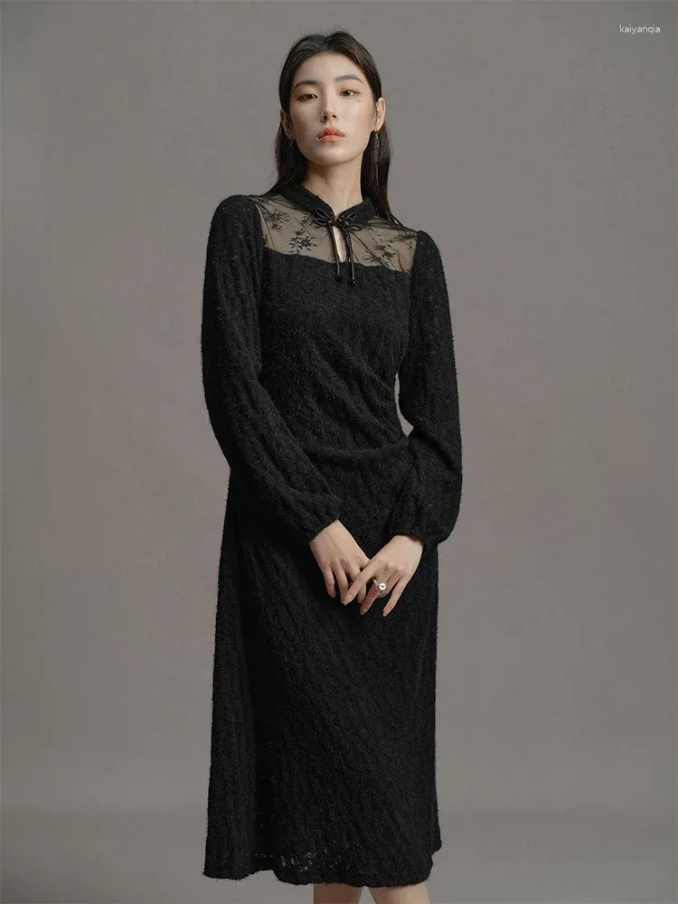 Casual jurken Dushu Chinese stijl verbeterde cheongsam mid-lengte jurk kant kanten decoratie temperament zwart winter lang