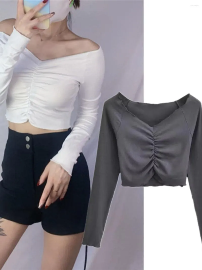 Women's T Shirts Stylish Small People Show Collarbone Off-Neck Midriff-Baring Tight Long Sleeve T-shirt Outer Wear Bottoming Sexy