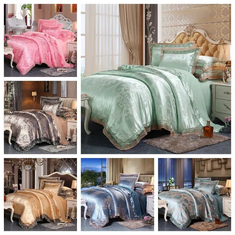 Ensembles de literie Luxury 4pcs Set Satin Jacquard Coup de couette avec feuille de lit 1quilt 1pillowcases US / UE SILK HIGH SILK