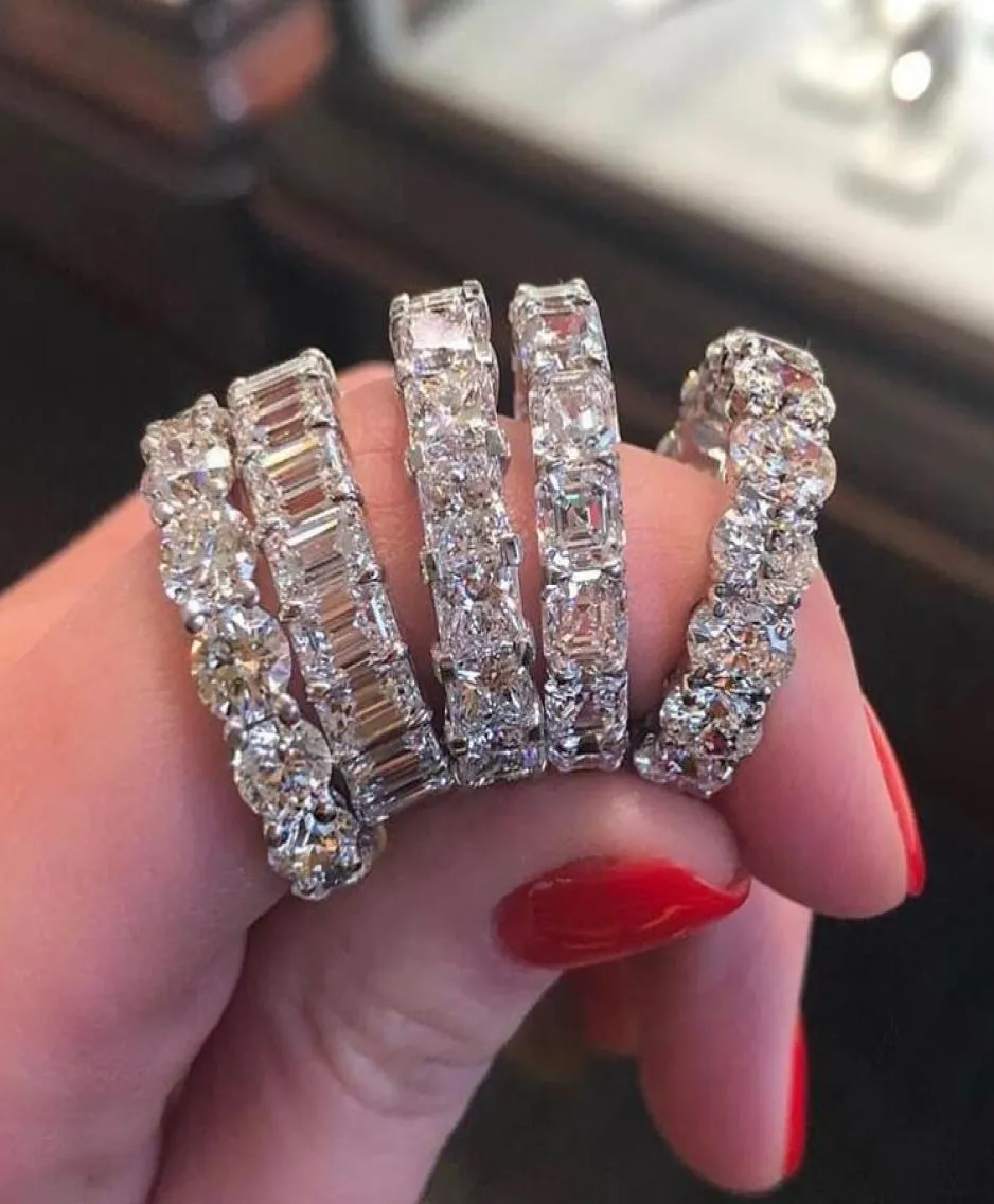Sälj Women Fashion Jewelry Real 925 Sterling Silver Emerald Cut White Topaz Cz Diamond Promise Women Wedding Band Ring for Lov8957348