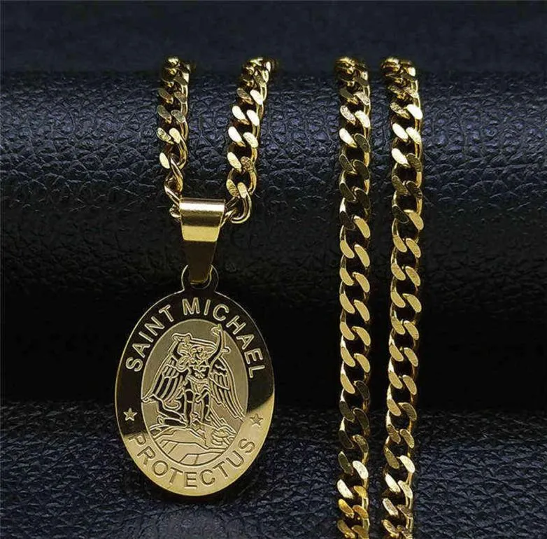 SAINT MICHAEL PROTECT US Archangel Stainless Steel Chian Necklace Men Women Gold Color Necklace Charm Jewelry joyas NXH87S05 H11255405457