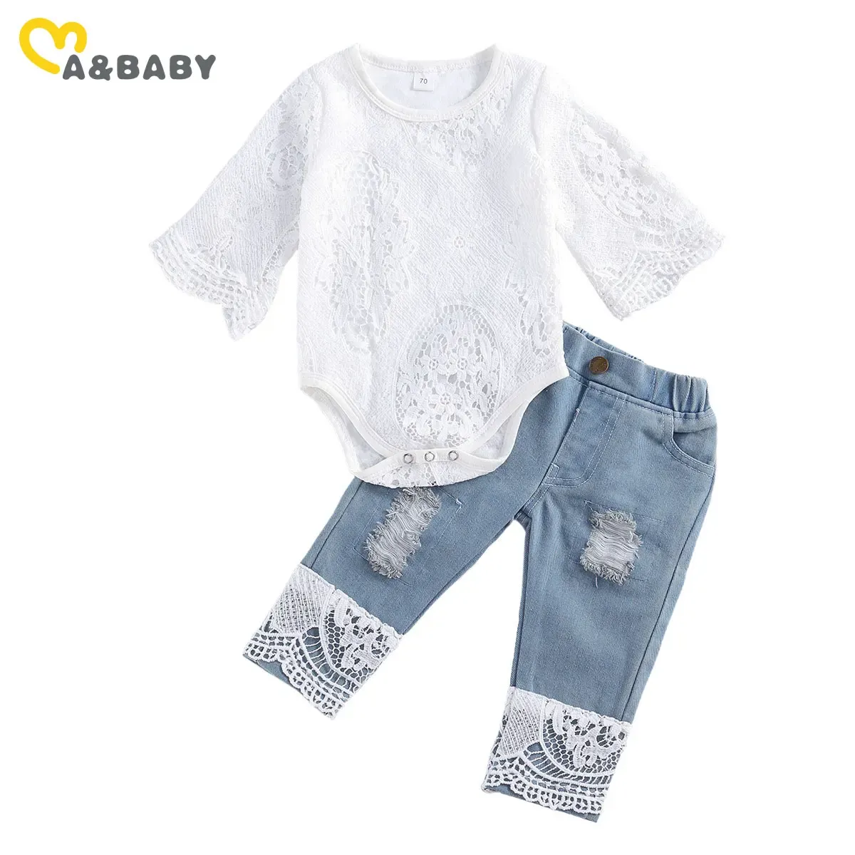 Byxor ma baby 024m nyfödda spädbarn baby flickor kläder set spets vit romper denim byxor höst baby flicka kläder kläder