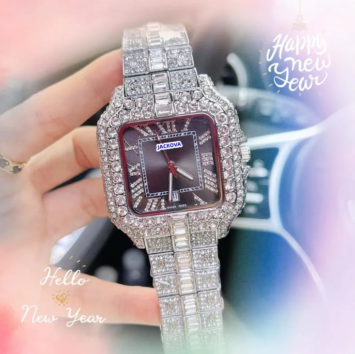 Famous day date time 3 pointer watch Fashion Shiny Starry Crystal Diamonds Ring Bezel Men Clock Quartz Battery Square Roman Tank Series Wristwatch Gifts