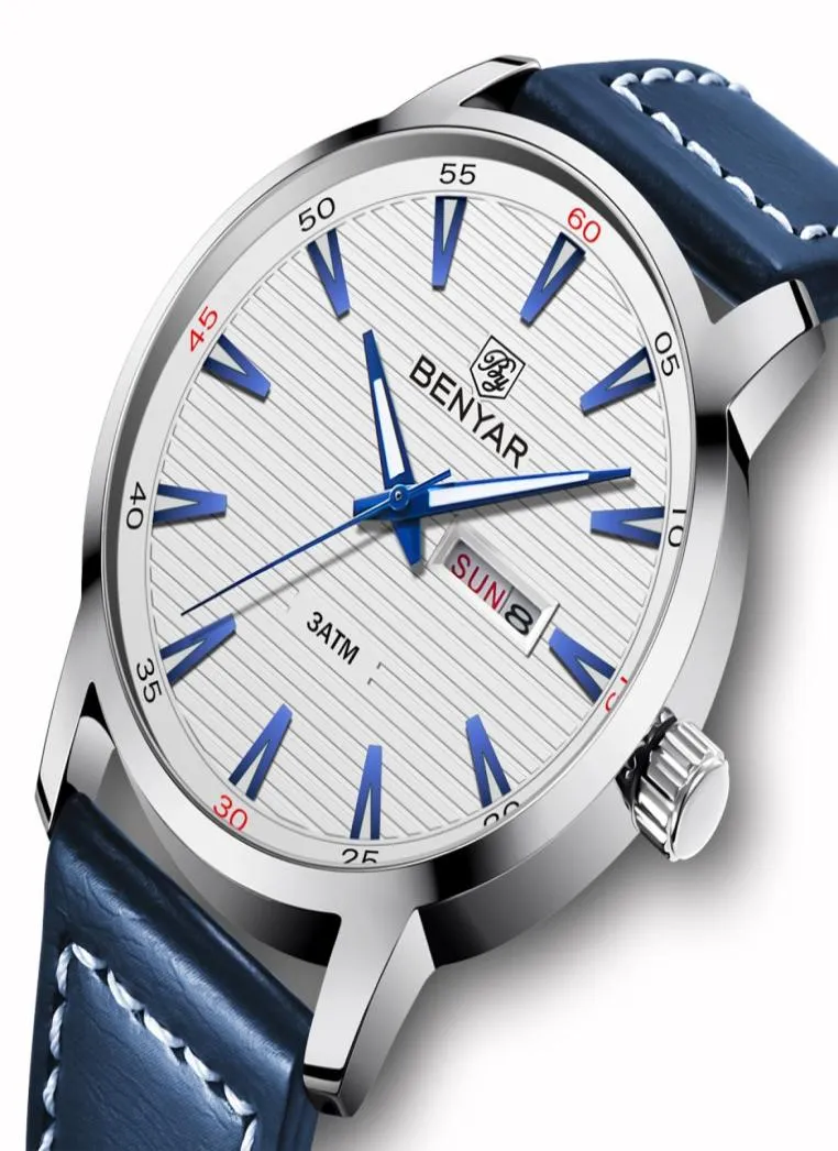 Benyar New Men Watch luksusowa najlepsza marka automatyczna data mody wojskowej męska kwarc skórzana zegarek renogio Masculino3646391
