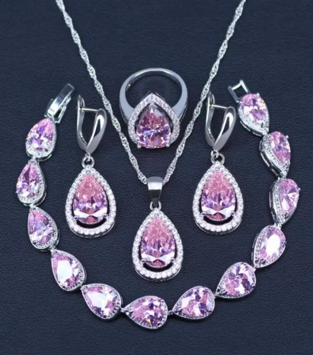 Örhängen halsband Promotion rosa kubiskt zirkonvatten dropp silver färg smycken set ring armband5465295