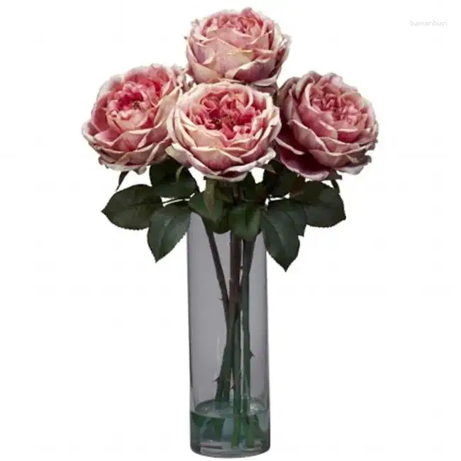 Decorative Flowers Rose Artificial Flower Arrangement With Cylinder Vase