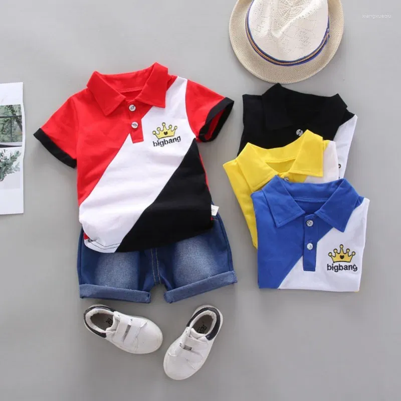 Kläder sätter Baby Boys Suit Short Sleeve Crown Patchwork Mönster T-shirt Blus Denim Shorts Summer Set Toddler Casual Outfits