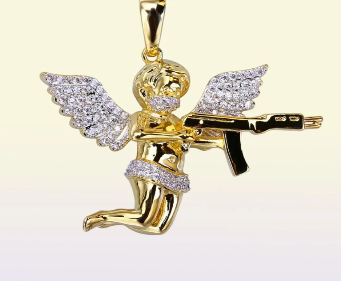 Hip Hop Gold Ploated Angel Gun Solid Back Pendant Necklace Iced Out Cubic Zirkon Mens sieraden Gifts6381332