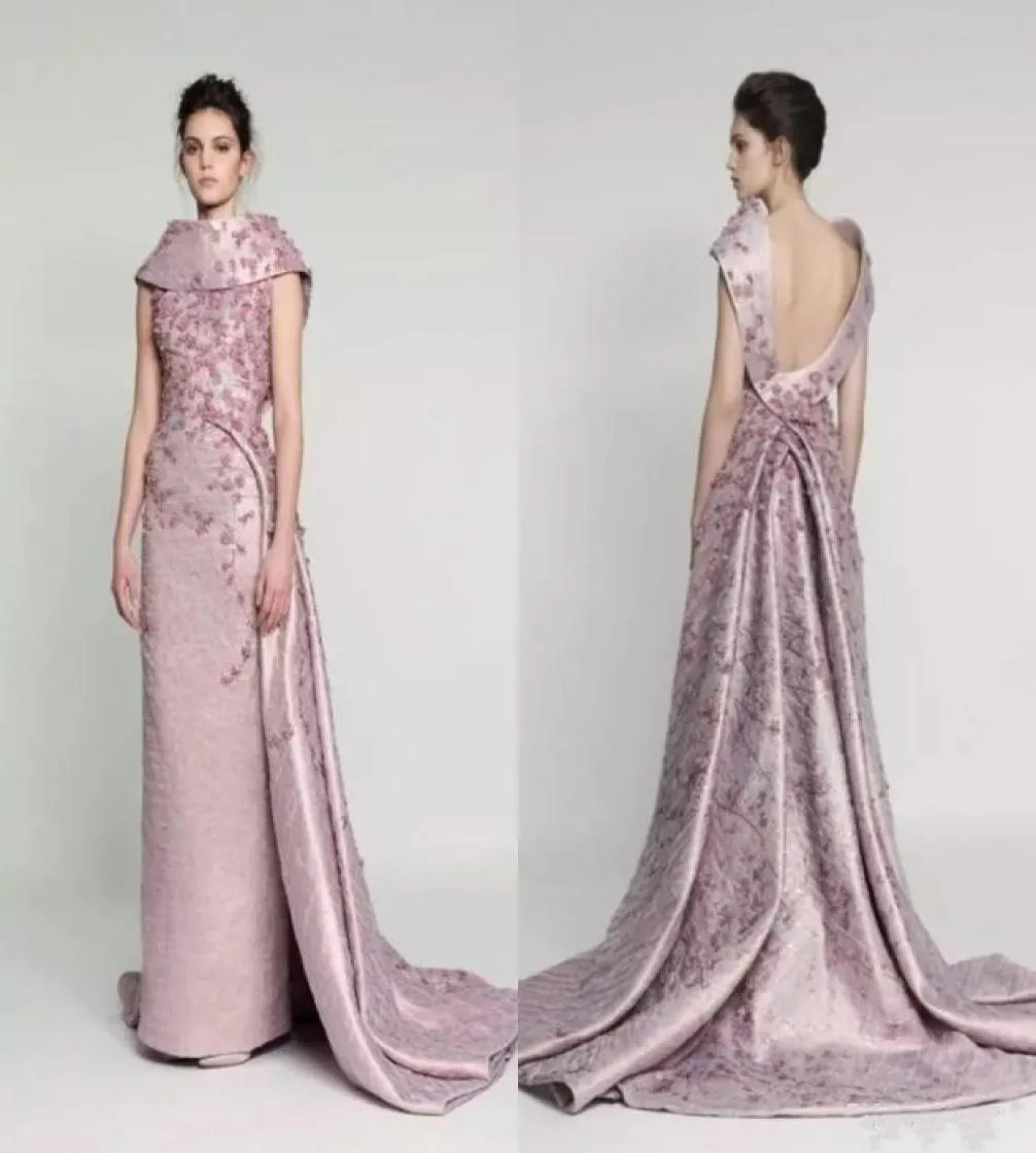 Azzi OSTA Vintage Pink 3D Floral Overskirt Long Prom Dresss 2018 Dubai Arabic Sweep Train Flower Made ASHI Red Carpet Eveni7375563