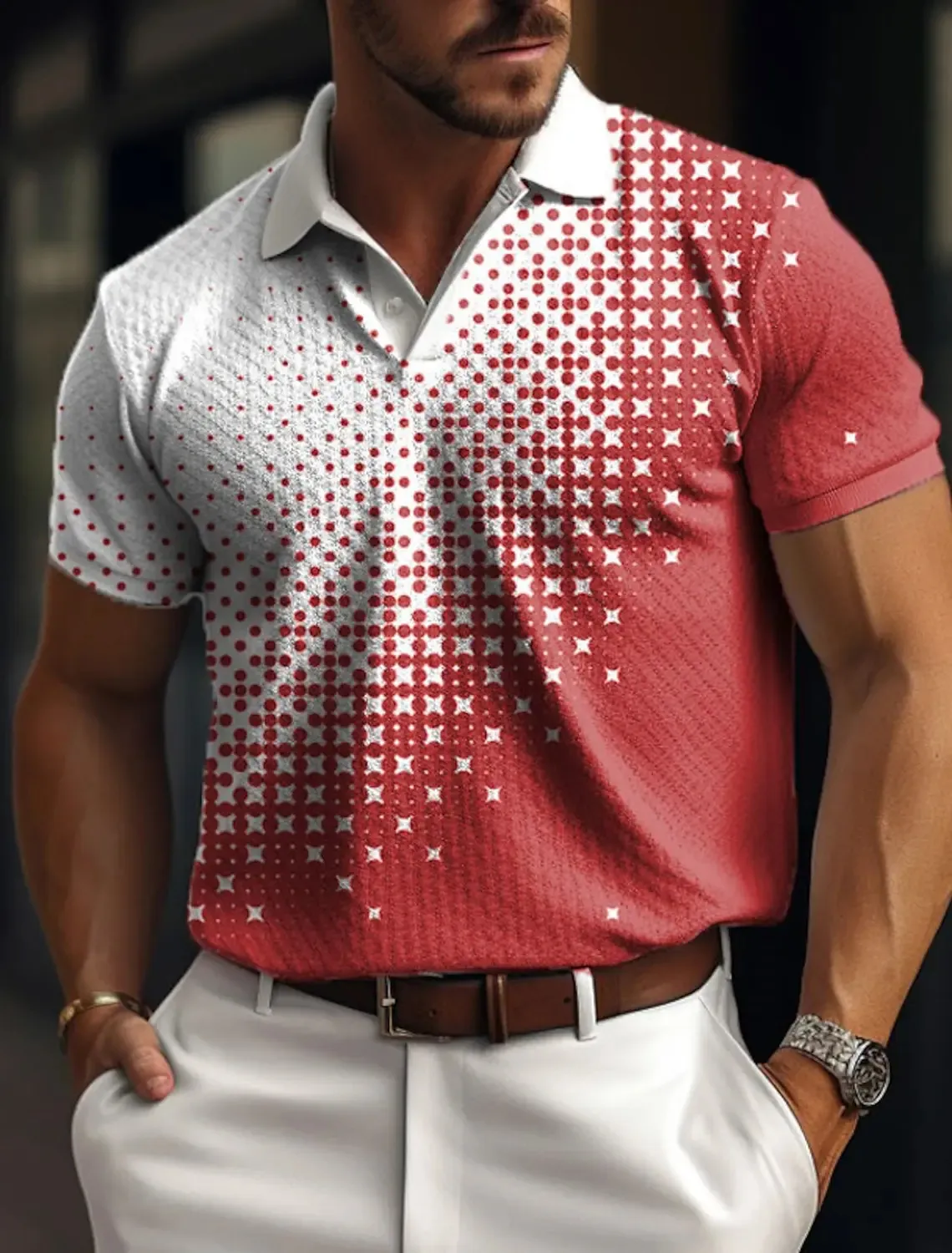 Mens Mesh Fabric Polo Shirt Button Up Lapel Golf Plaid Graphic Prints Geometry Street Casual Short Sleeve 240409