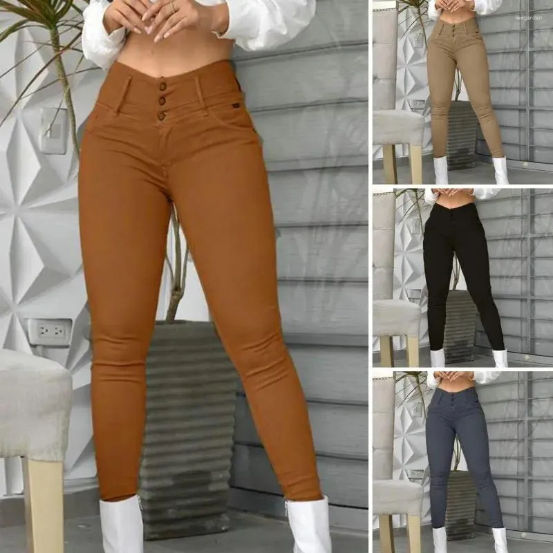 Kvinnor Pants Elastic Leggings Stylish High midje Slim Fit With Button Hip Wrap Detail Casual Office Byxor för en chic