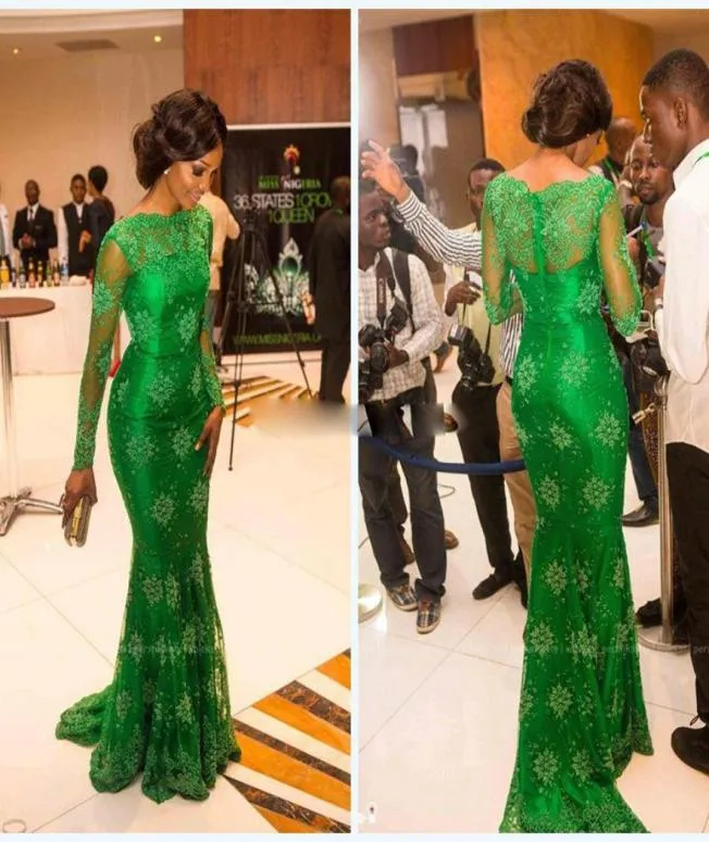 2018 Nyaste Sheer Lace Long Sleeves aftonklänning med Bateau Emerald Green Prom Dresses Mermaid Celebrity Evening Gowns7921384