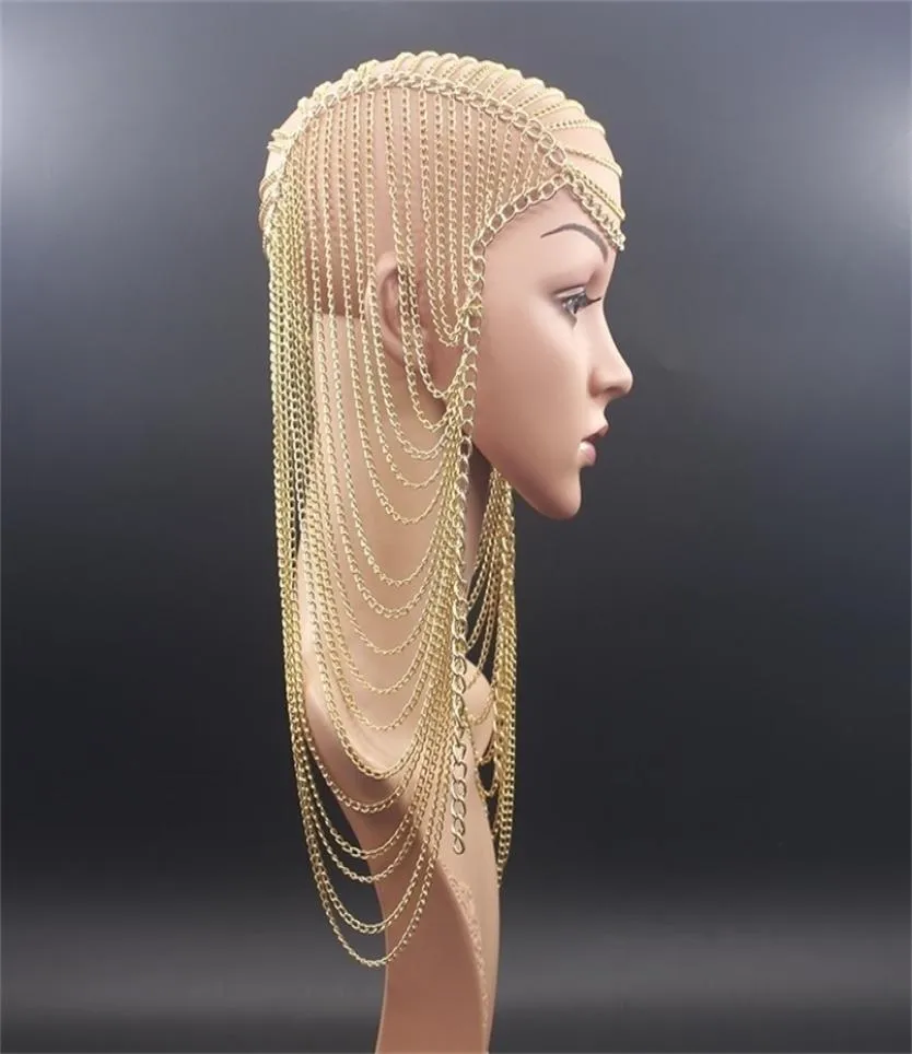 Luxe vol metalen ketting Gold Color Lange Tassel Punk Head Hair Sieraden voor vrouwen feest bruiloft haaraccessoires kopstuk 2202238450941
