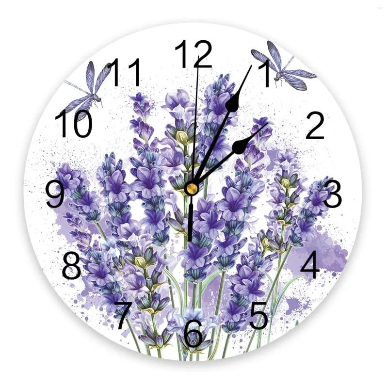 Wall Clocks Purple Flower Lavender Dragonfly PVC Clock Living Room Bedroom Digital Home Decore Modern Design