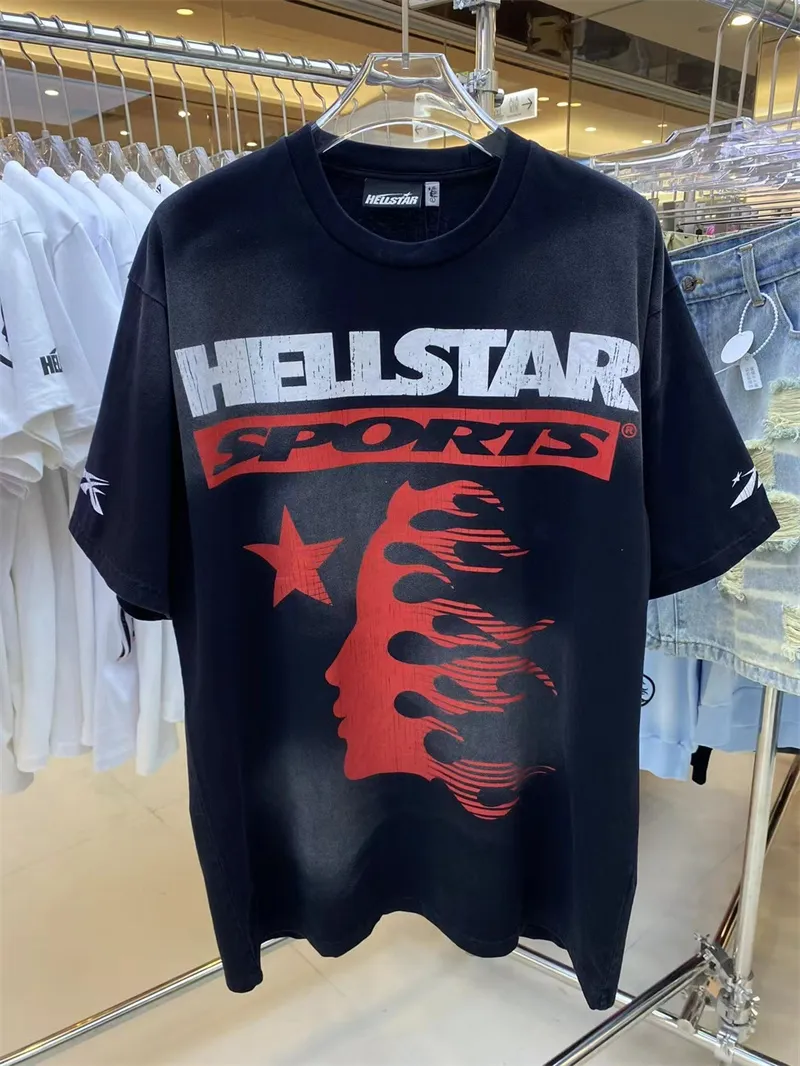 Hellstar 100% algodão puro sem caras sem glória maratho tee wash 1: 1 algodão puro de algodão e feminino curto casual t