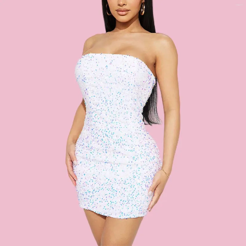 Casual Dresses Nightclub Party Strapless Bodycon Sexig paljett One Shoulder Glitter Mini Dress Elegant och Pretty Women's