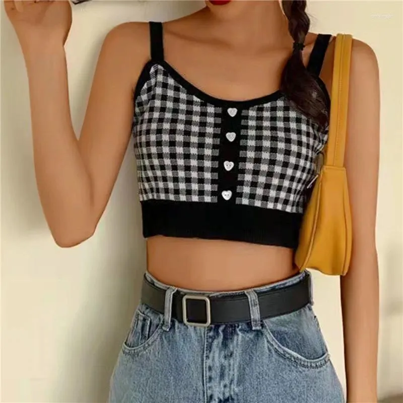 Women's Tanks Vest Women Plaid Crop Tops Buttons Camis Knitting Cute Tank Ladies Sleeveless Solid 2024 Summer
