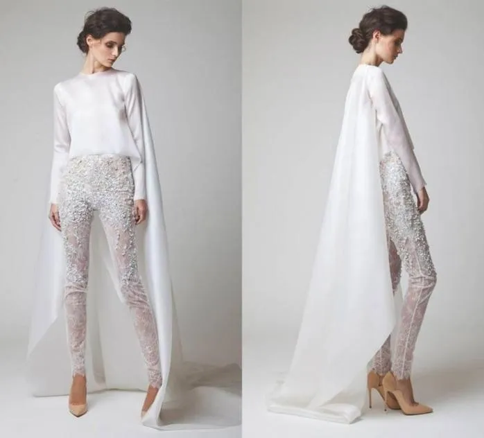 2020 Nya vita aftonklänningar Två stycken Chiffon spetspärlbyxor ser genom långa ärmar Elio Abou Fayssal aftonklänningar wit2522595
