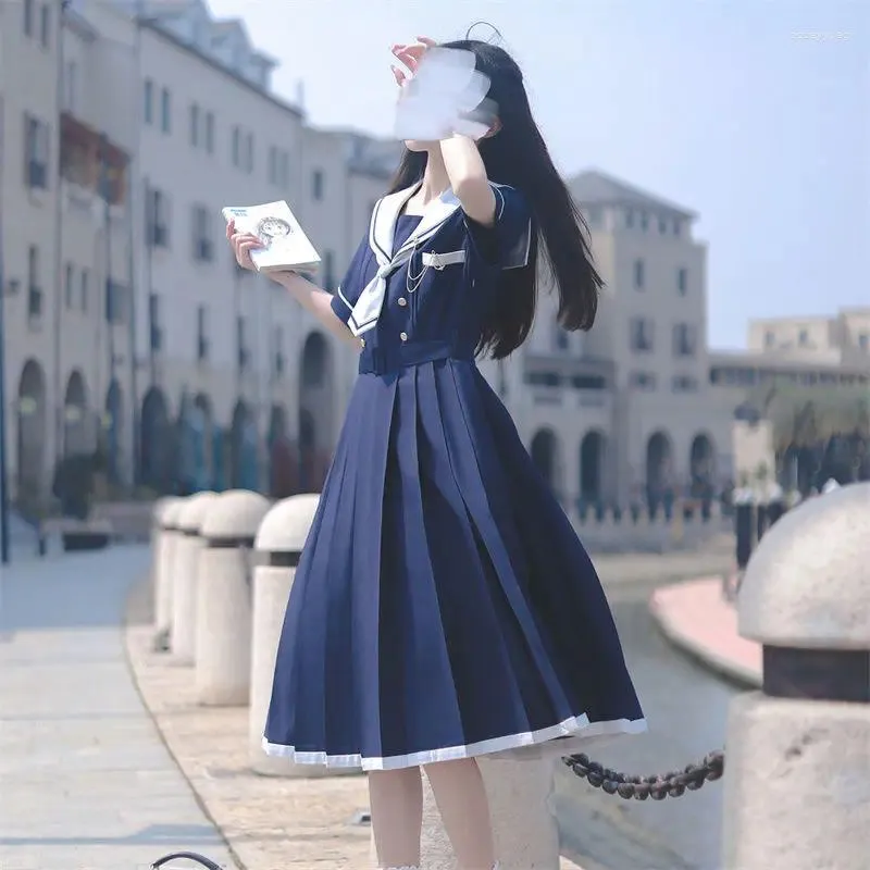 Party Dresses Sailor Collar Midi Dress For Women Preppy Style Clothes Vintage Fairycore 2024 Ladies A Line Blue Japanese Girl Clothing