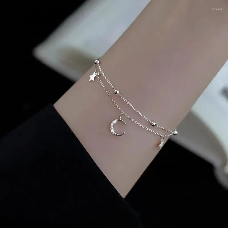 Bracelets de liaison 925 Chaine a double couche plaquee en argent Zircon Star Moon Charm bracelet bracelet for women Elegant Wedding Jewelry Gift