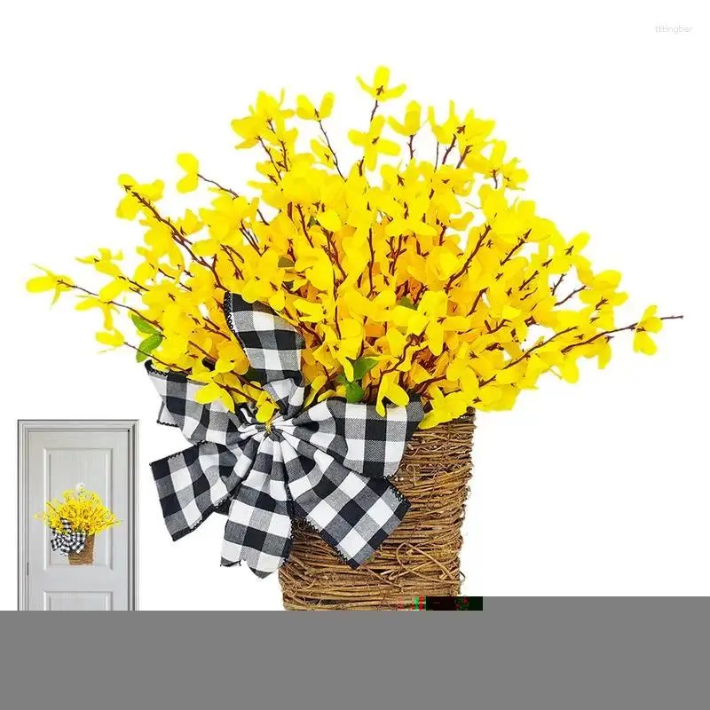 Decorative Flowers Spring Decor For Front Door Artificial Basket Wreath Wildflower With Plaid