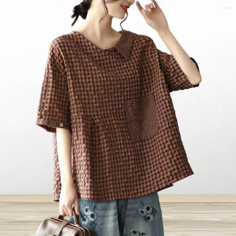 Women's Blouses Loose Fit Tee Solid Color Summer Top Stylish Plaid Print V-neck Shirt With Pocket Short For Streetwear