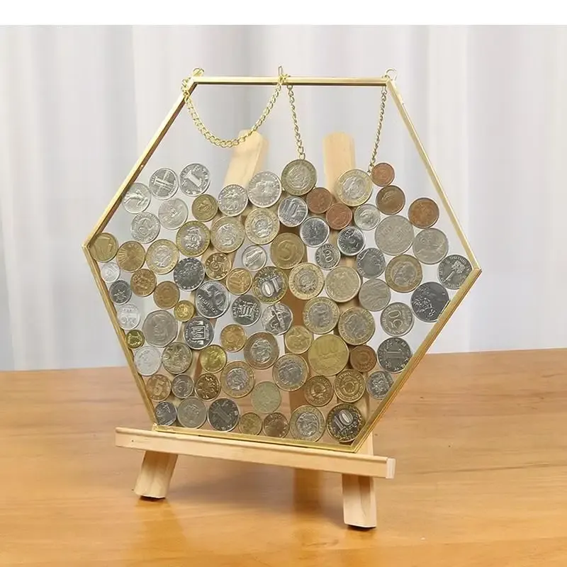 Frame Hexagonal Glass Storage Box Coin Collection Box Photo Frame Specimen Holder Picture Frame Photo Rack Display Stand Organizer