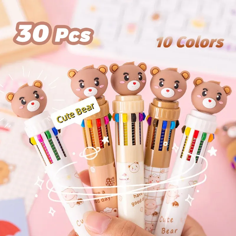 Pens 30pcs/çok sevimli ayı 10 renk tükenmez kalem çok renkli kalem geri çekilebilir kalemler Kawaii Okul Ofis Yazma Kırtasiye Renkli Kalem