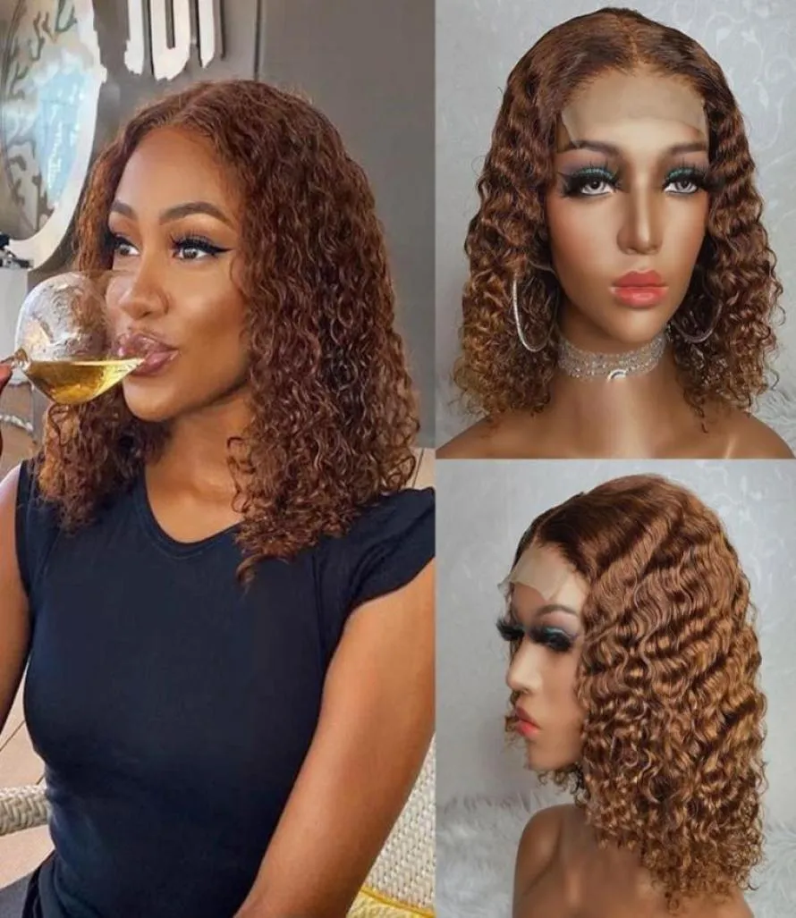 360 Lace Frontale Wig Media Bruine Kleur Kinky Kinky Kinky Kort Bob SimulaTon Human Hair Synthetische pruiken voor zwarte vrouwen50821525649379