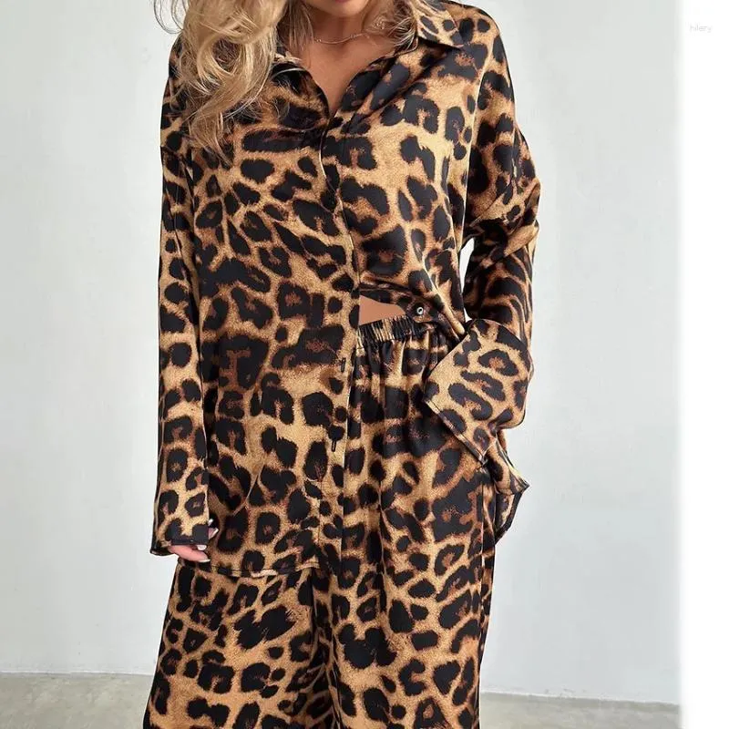 Домашняя одежда осенняя шарм мода леопардовый принт кардиган пижама с двумя частями с длинными рукавами брюки женская ярость